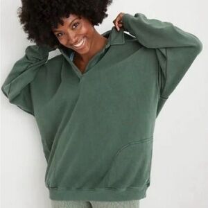 Aerie Happy Henley Everyday Polo Sweatshirt in Sycamore